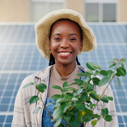 Person with plant near solar panels.